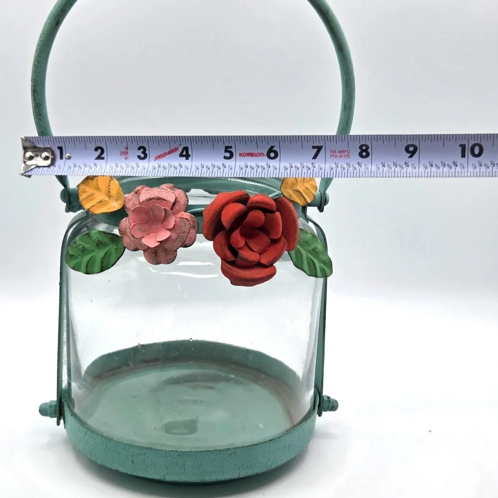Green Metal Candle Holder Lantern with Flowers Cottagecore Garden‎ Decor